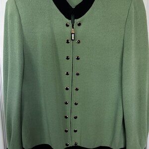 St John Collection Santan Knit Lime Green with Black Trim Skirt Suit Size 10